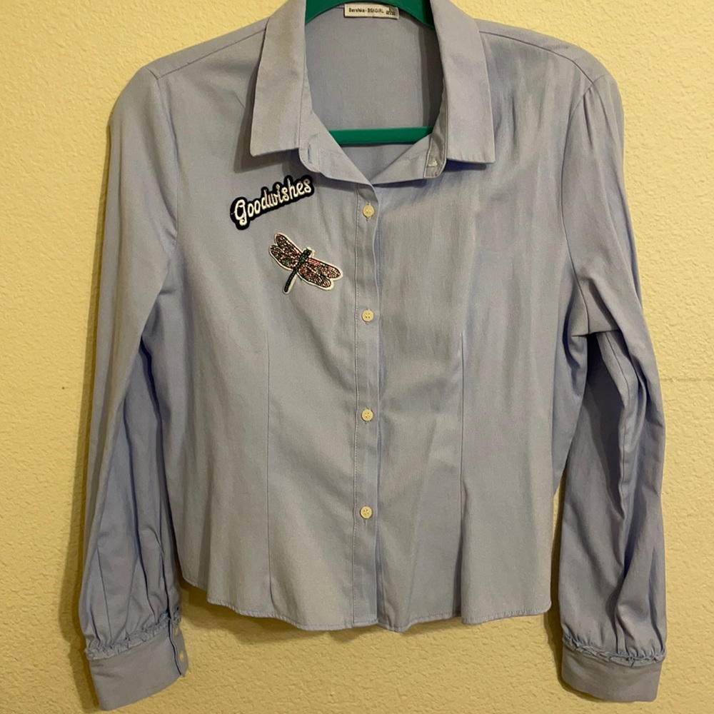 Blue Cropped Button Up Bershka